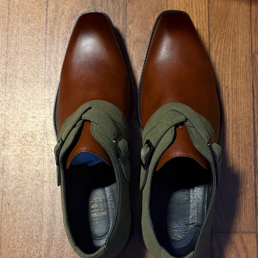 Men's Two-Tone Monk Strap Dress Shoes - Brown & Olive - Picture 2 of 4